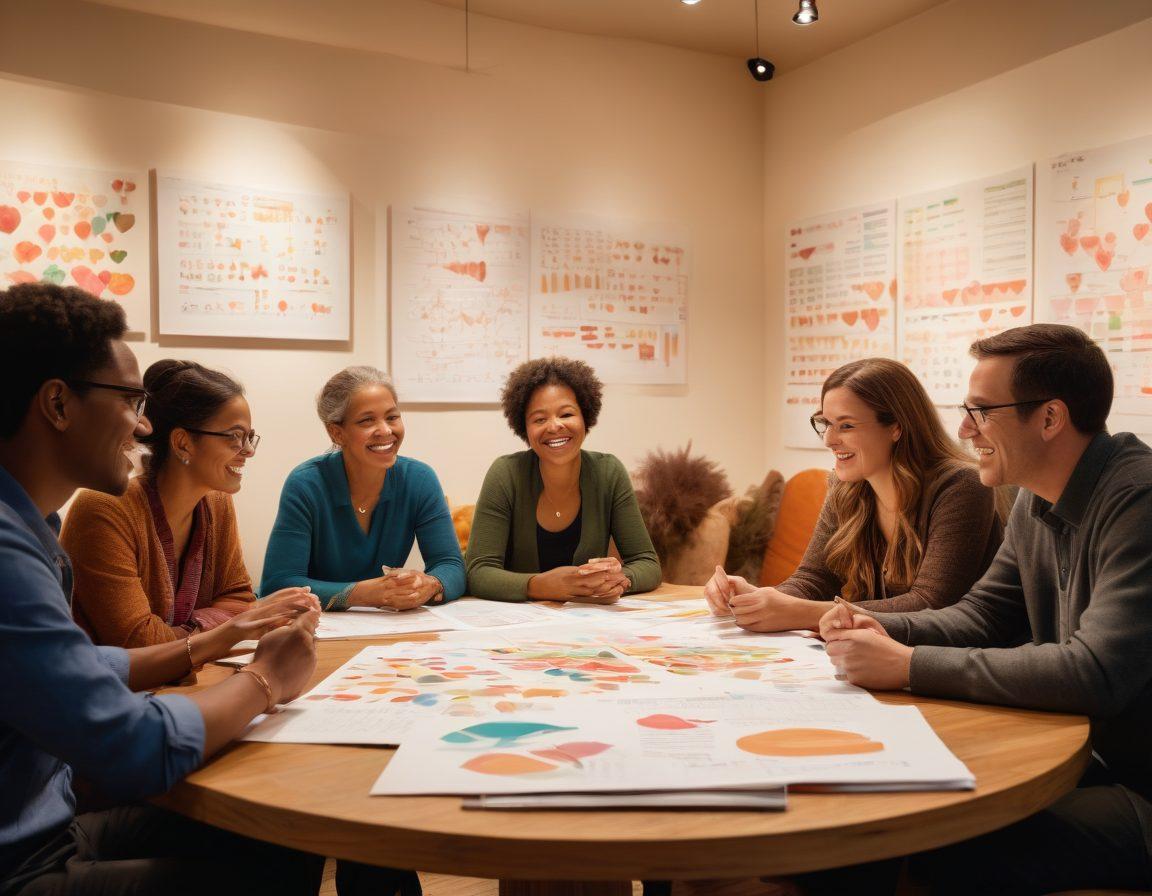A diverse group of people gathered together in a cozy community space, enthusiastically discussing and sharing ideas about financing while holding colorful charts and graphs. The scene is filled with warm lighting, showcasing expressions of joy and collaboration. In the background, a large heart-shaped mural symbolizes love and unity within the community. A mix of small plants adds life to the space, representing growth and prosperity. vibrant colors. super-realistic.