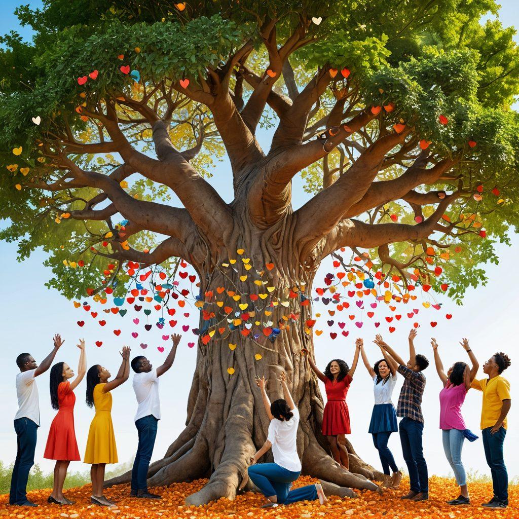 A diverse group of people, representing different ethnicities, joyfully collaborating around a large tree that symbolizes growth and strength, with coins and hearts falling from its branches. Include elements of financial planning like charts and community engagement symbols like hands joining together. The atmosphere should be warm and inviting, reflecting love and support. super-realistic. vibrant colors. 3D.