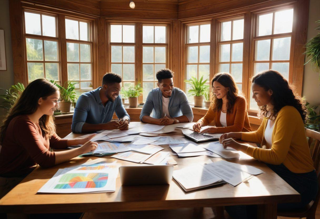 A diverse group of couples collaborating around a large table, surrounded by financial documents and laptops, symbolizing the fusion of love and business. Soft sunlight streaming through a large window, highlighting their engaged expressions of teamwork and strategy. Include elements representing growth, like plants or charts, to emphasize prosperity. Cozy and inviting atmosphere. vibrant colors. super-realistic.